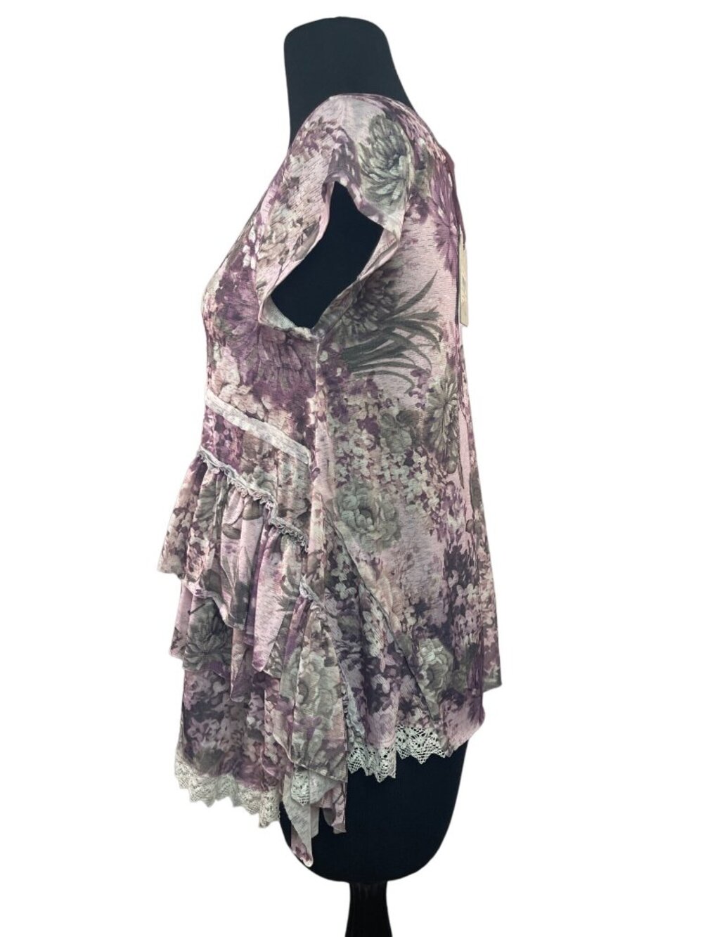 Tatienne Size Medium Floral Ruffle Cap Sleeve Layered Top Burgundy Gray Layers - Picture 3 of 9